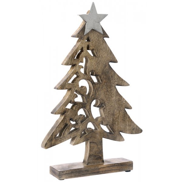 Χριστουγεννιάτικο Επιτραπέζιο Ξύλινο Δεντράκι, με Μεταλλικό Αστεράκι (34cm)